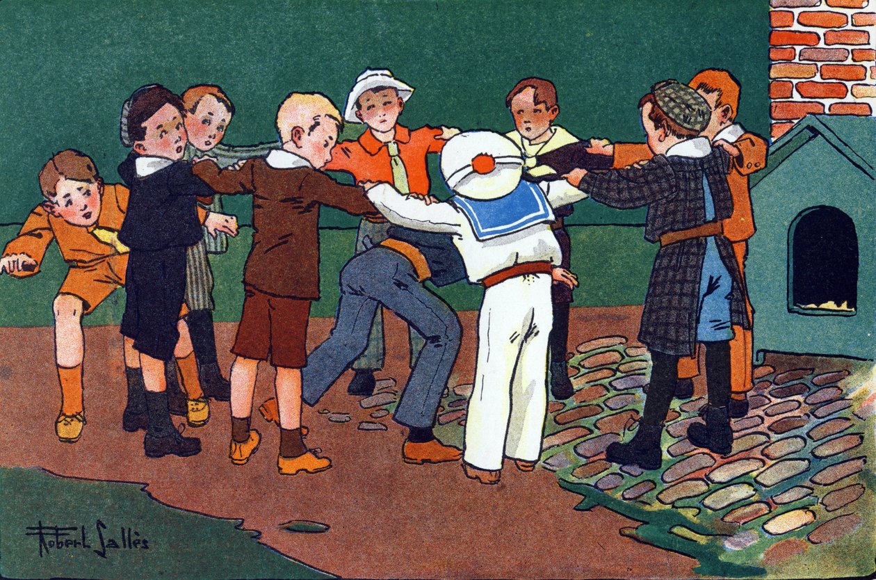 Gatto e topo. Incisione in "A cosa giochiamo?" di E. Weber con disegni ad acquerello di Robert Salles (1871-1929). Librairie Garnier Freres, Parigi da Robert Salles