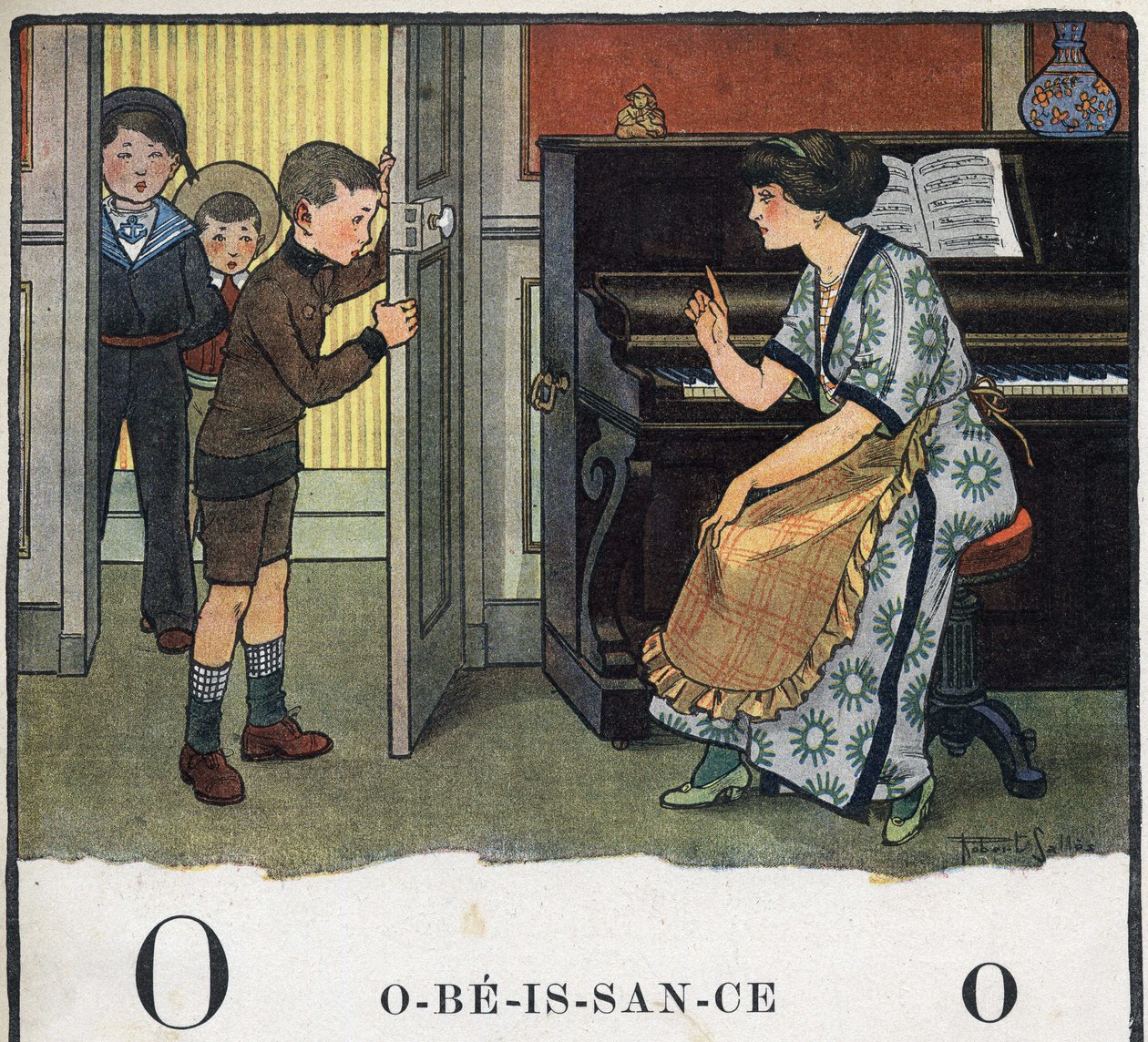 Libro per bambini Io leggerò - Alfabeto metodico e divertente di un papà 1926. Illustrazione di Robert Salles. Abecedario: lettera O come Obbedienza. Una madre rimprovera i suoi figli da Robert Salles