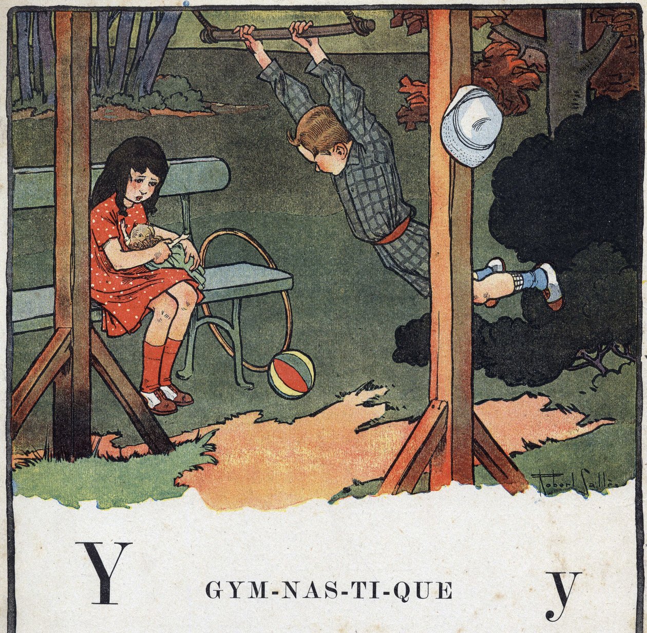 Libro per bambini “Leggerò - Alfabeto metodico e divertente di un papà” 1926. Illustrazione di Robert Salles (1871-1929). Abecedario: lettera Y come Ginnastica. Un ragazzo fa trapezio mentre una ragazza gioca con una bambola. da Robert Salles