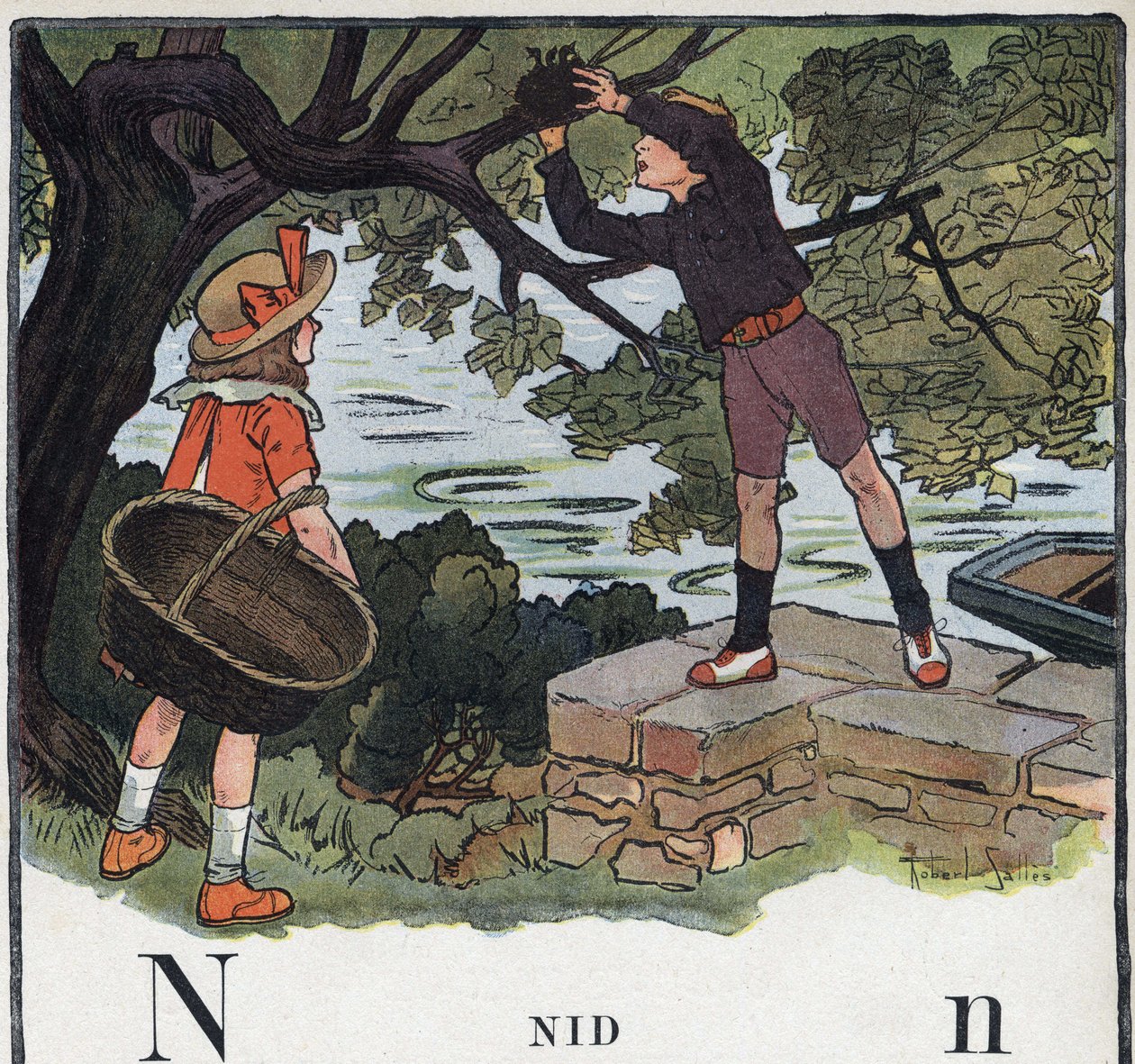 Libro per bambini “Io leggerò - Alfabeto metodico e divertente di un papà” 1926. Illustrazione di Robert Salles (1871-1929). Abecedario: lettera N come nido. Un ragazzo prende un nido costruito su un albero da Robert Salles