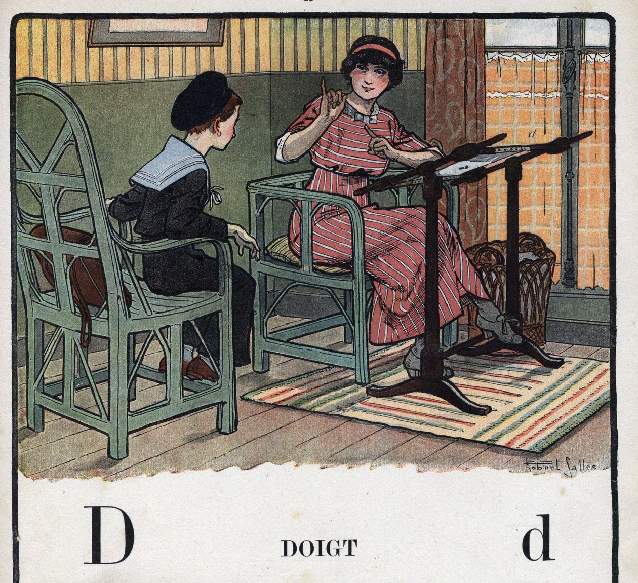 Libro per bambini “Io leggerò - Alfabeto metodico e divertente di un papà” 1926. Illustrazione di Robert Salles (1871-1929). Abecedario: lettera D come dito. Una madre spiega a suo figlio il ricamo da Robert Salles