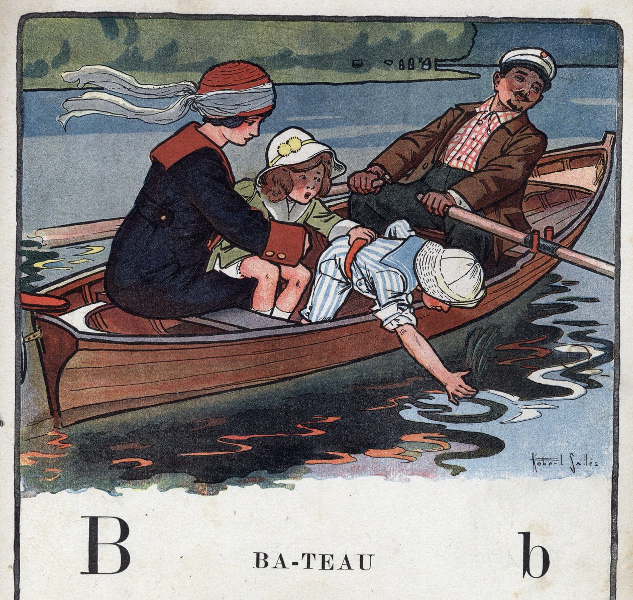 Libro per bambini “Io leggerò - Alfabeto metodico e divertente di un papà” 1926. Illustrazione di Robert Salles (1871-1929). Abecedario: lettera B come barca. Una famiglia in barca fa una passeggiata da Robert Salles