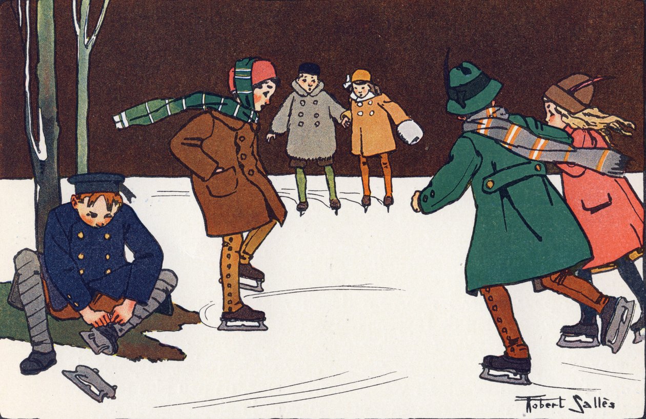Pattinaggio su ghiaccio. Incisione in "A cosa giochiamo?" di E. Weber con disegni ad acquerello di Robert Salles (1871-1929). Libreria Garnier Freres, Parigi da Robert Salles