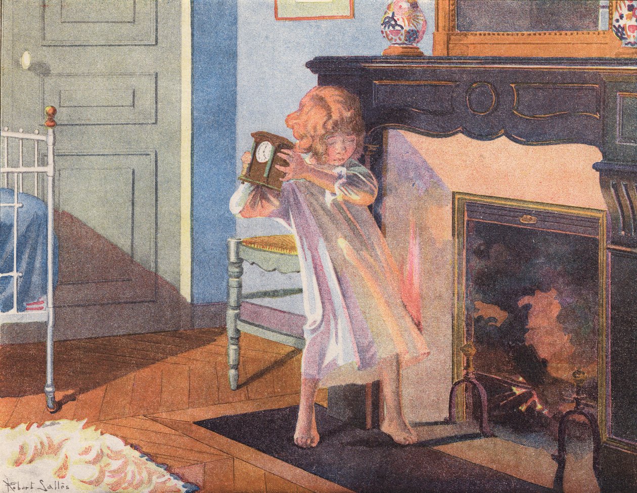 Bambina che tiene in mano un orologio accanto a un camino (litografia a colori) da Robert Salles