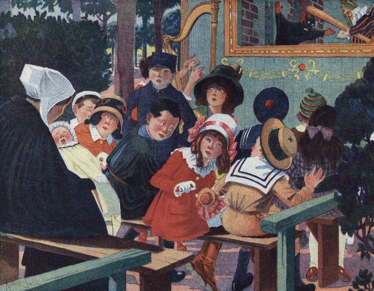Spettacolo di burattini: bambini nel teatro dei burattini disturbati da un bambino che piange. Illustrazione di Robert Salles (1871-1929) in "Je sais Lire" da Robert Salles