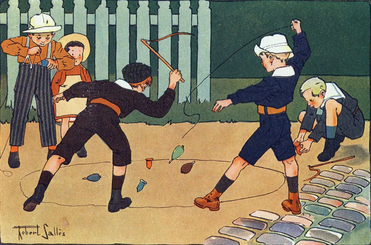 La trottola (gioco di frusta). Incisione in "A cosa giochiamo?" di E. Weber con disegni ad acquerello di Robert Salles (1871-1929). Libreria Garnier Freres, Parigi da Robert Salles