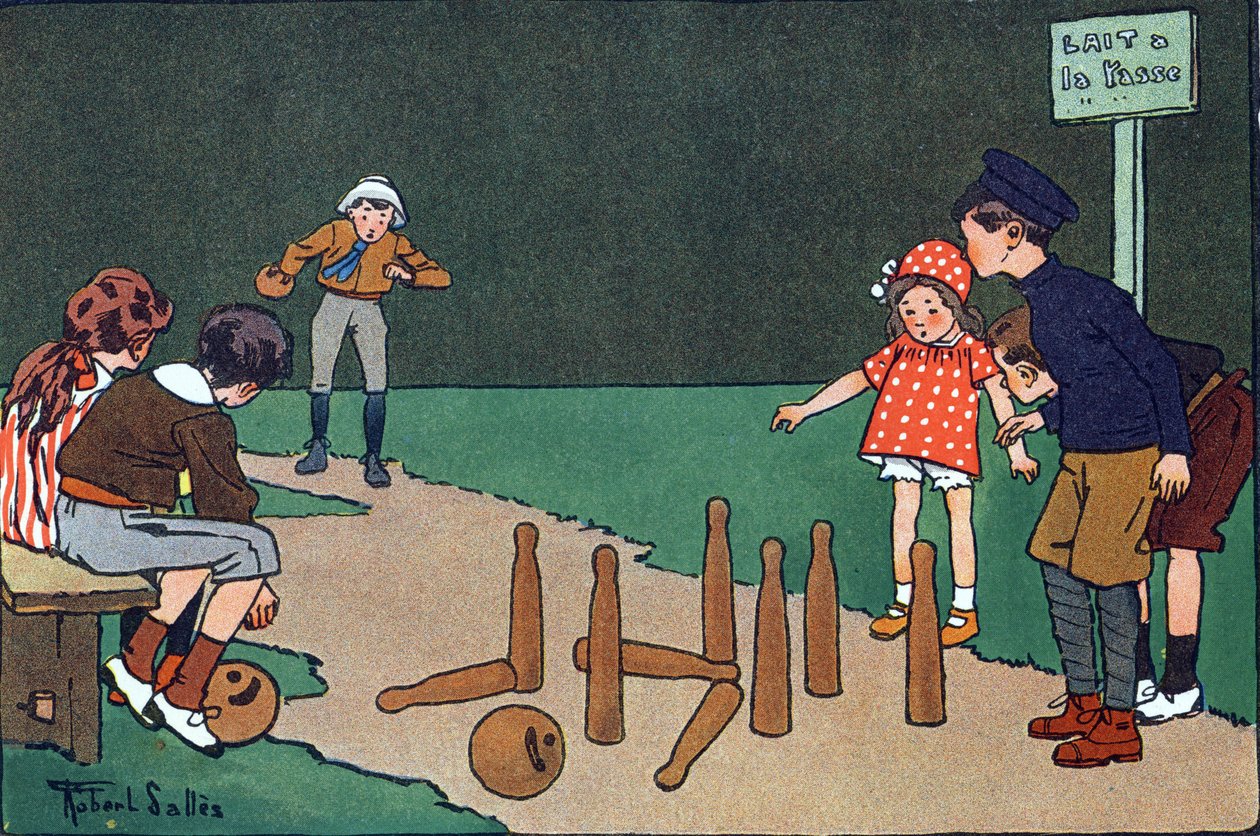 La pista da bowling. Incisione in "A cosa giochiamo?" di E. Weber con disegni ad acquerello di Robert Salles (1871-1929). Libreria Garnier Freres, Parigi da Robert Salles