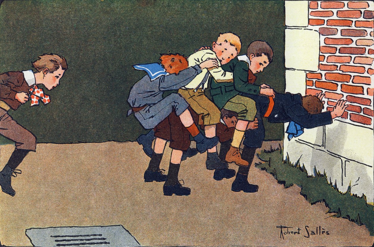 Il cavallo fuso (quando salti, devi saltare un califurchon sulla schiena di un altro bambino, senza colpire gli altri). Incisione in "A cosa giochiamo?" di E. Weber con disegni ad acquerello di Robert Salles (1871-1929). Librairie Garnier Freres, Parigi da Robert Salles
