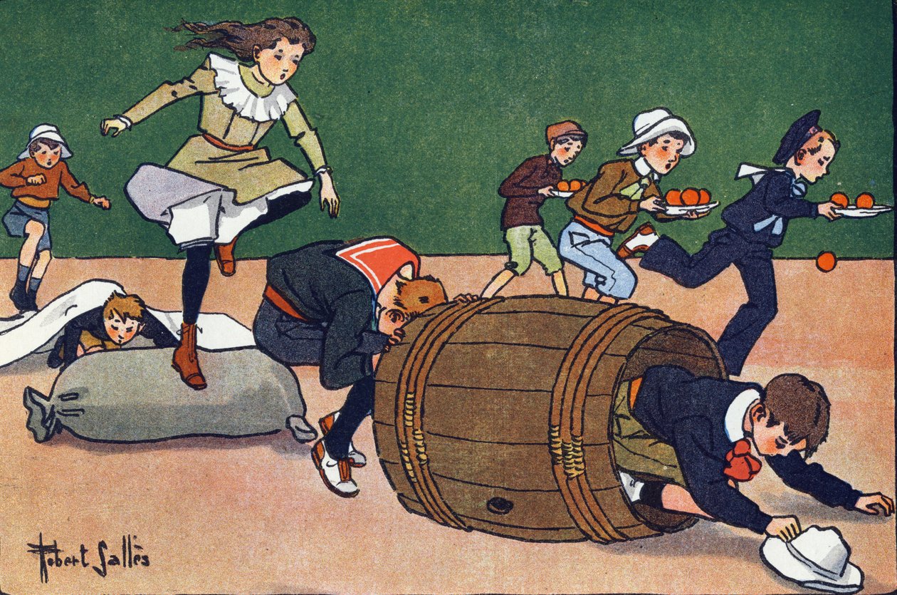 La corsa ad ostacoli. Incisione in "A cosa giochiamo?" di E. Weber con disegni ad acquerello di Robert Salles (1871-1929). Librairie Garnier Freres, Parigi da Robert Salles