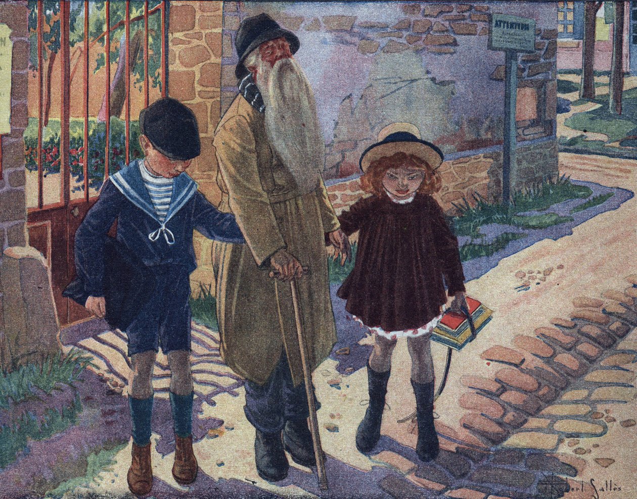 Il bastone del cieco: due bambini aiutano un vecchio cieco a camminare. Illustrazione di Robert Salles (1871-1929) in 