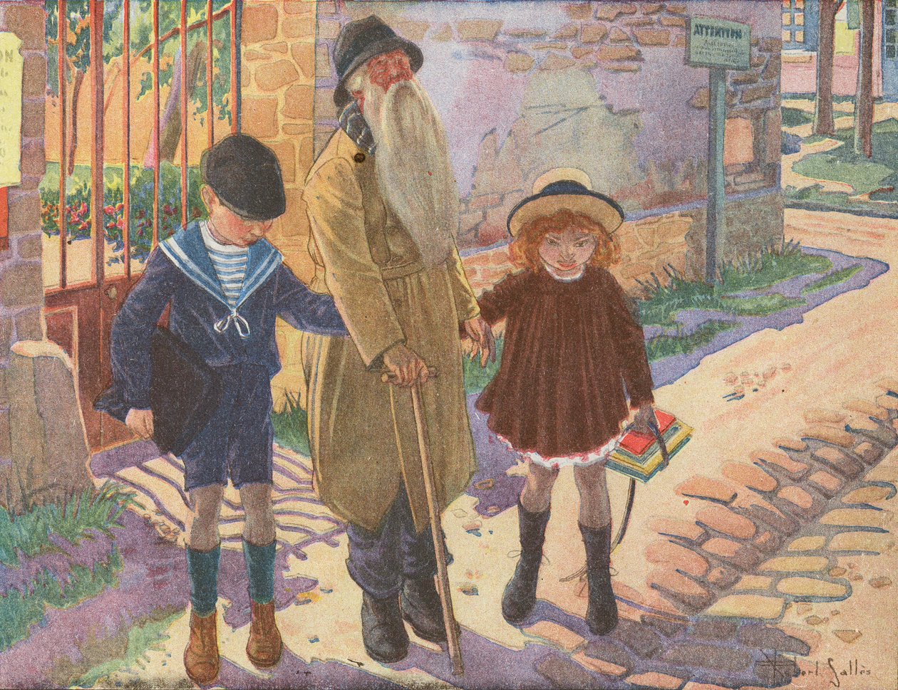 Due bambini aiutano un vecchio cieco dopo aver perso il bastone (litografia a colori) da Robert Salles