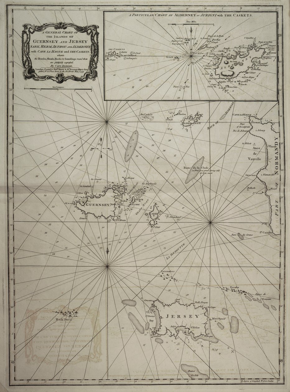 Carta generale delle isole di Guernsey e Jersey, Sark, Herm, Jethou e Alderney, con Cape la Hague e i Caskets da Robert Sayer