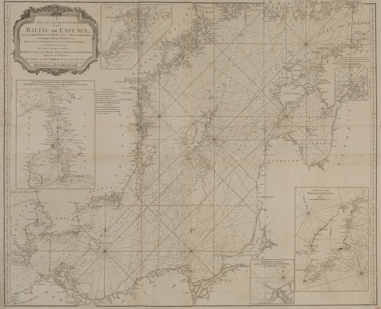 Nuova e accurata carta del Mar Baltico o Mar Orientale che mostra le isole, le rocce e i bassifondi con i loro segni, fari, profondità e canali di navigazione da Robert Sayer