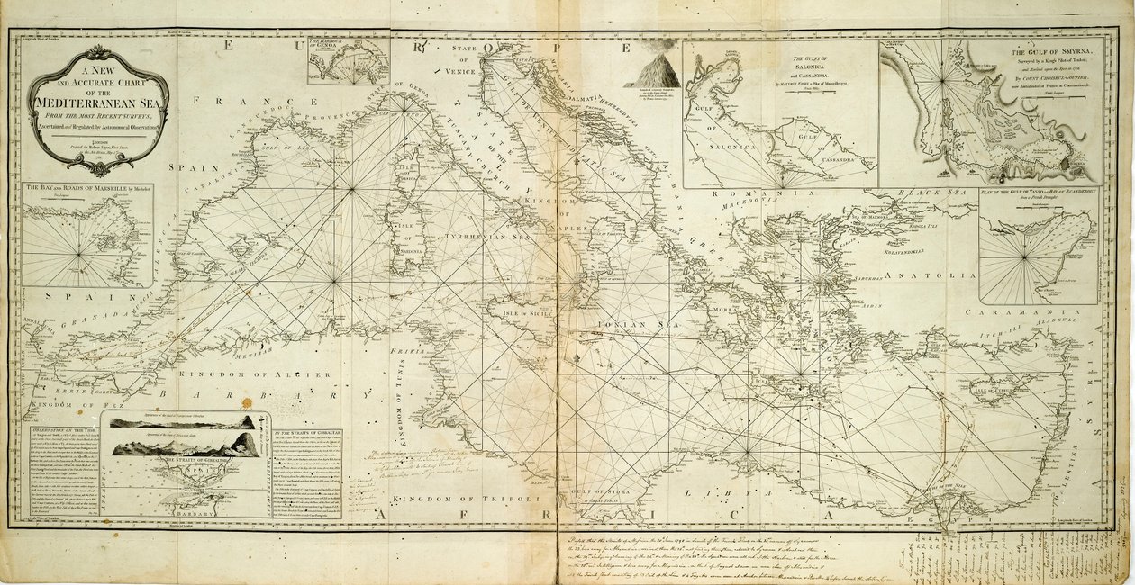 Carta nuova e accurata del Mar Mediterraneo dai sondaggi più recenti, accertata e regolata da osservazioni astronomiche da Robert Sayer