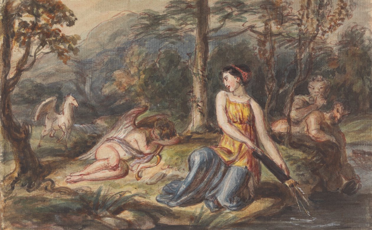Diana, Dea della Caccia, con Satiro, Cupido Addormentato e un Pegaso in un Paesaggio Boschivo da Robert Smirke