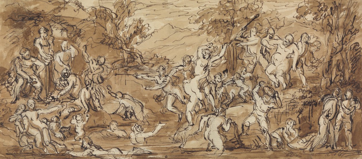Studio di figura di una celebrazione bacchanalia in un paesaggio boschivo da Robert Smirke