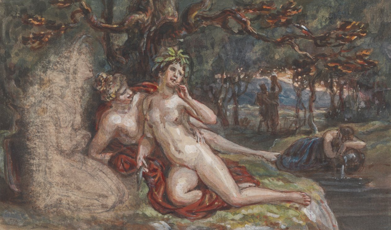 Scena boschiva con una coppia sdraiata sotto un albero, vicino a un ruscello da Robert Smirke