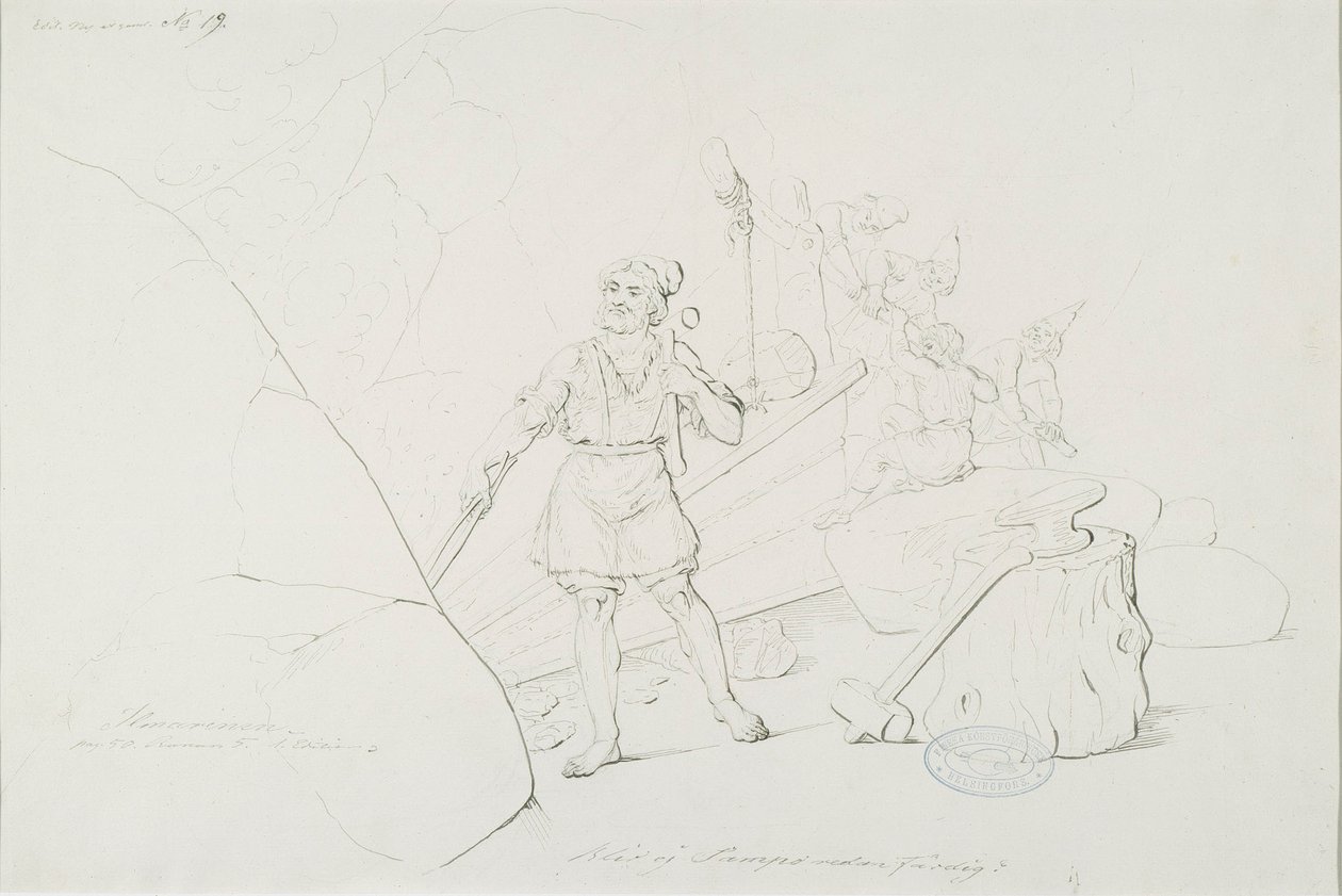 Ilmarinen takoo sampoa ; Originaalipiirustus piirrossarjaan "Kalewala, poema nazionale finlandese, presentato in disegni R.W.Ekman". da Robert Wilhelm Ekman