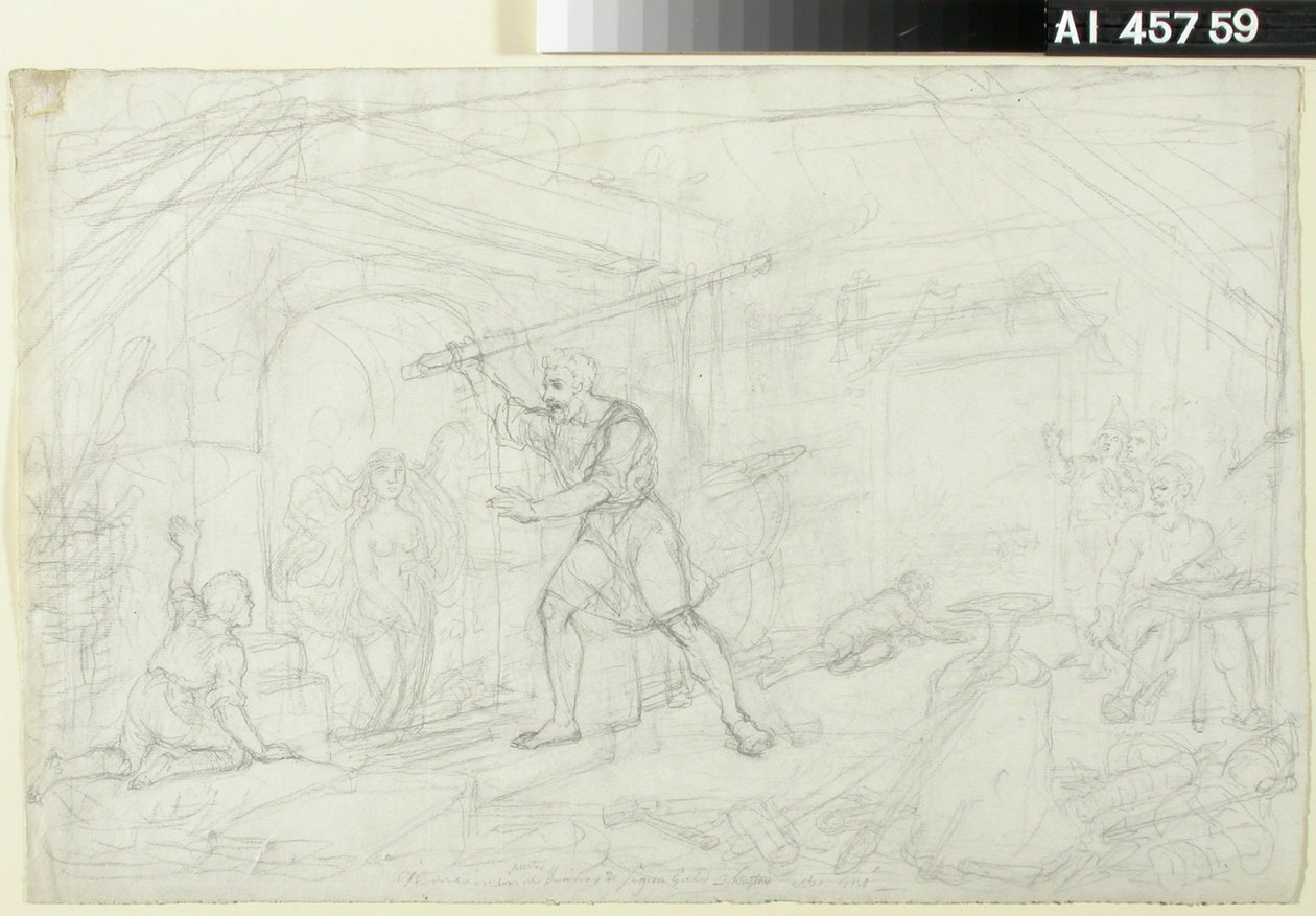 Oreficeria, bozzetto per una serie di cartoni animati a tema Kalevala ; Prove per il personaggio Ilmarinen sulla poule anteriore (lavoro a doppia faccia) da Robert Wilhelm Ekman