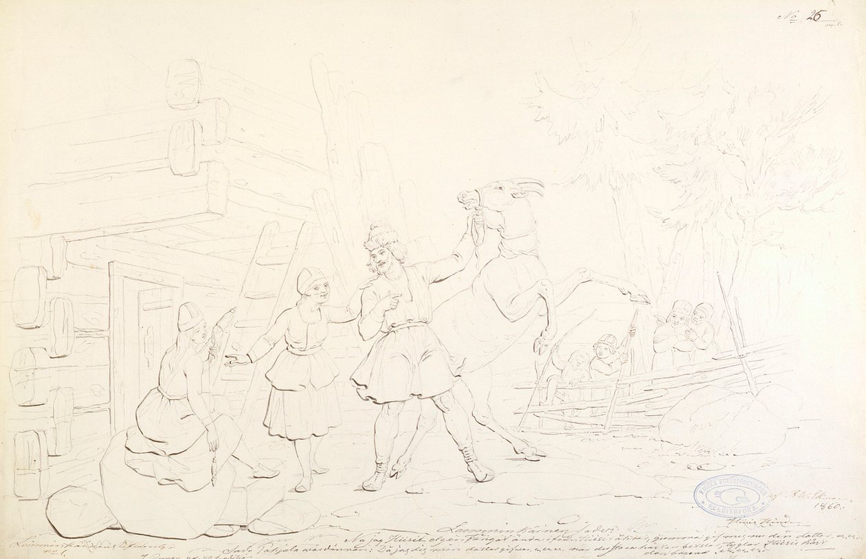 Lemminkäinen e Hiiden Hirvi ; Disegno originale per la serie "Kalewala, Finsk National-dikt, framställd i teckningar af R.W.Ekman". da Robert Wilhelm Ekman