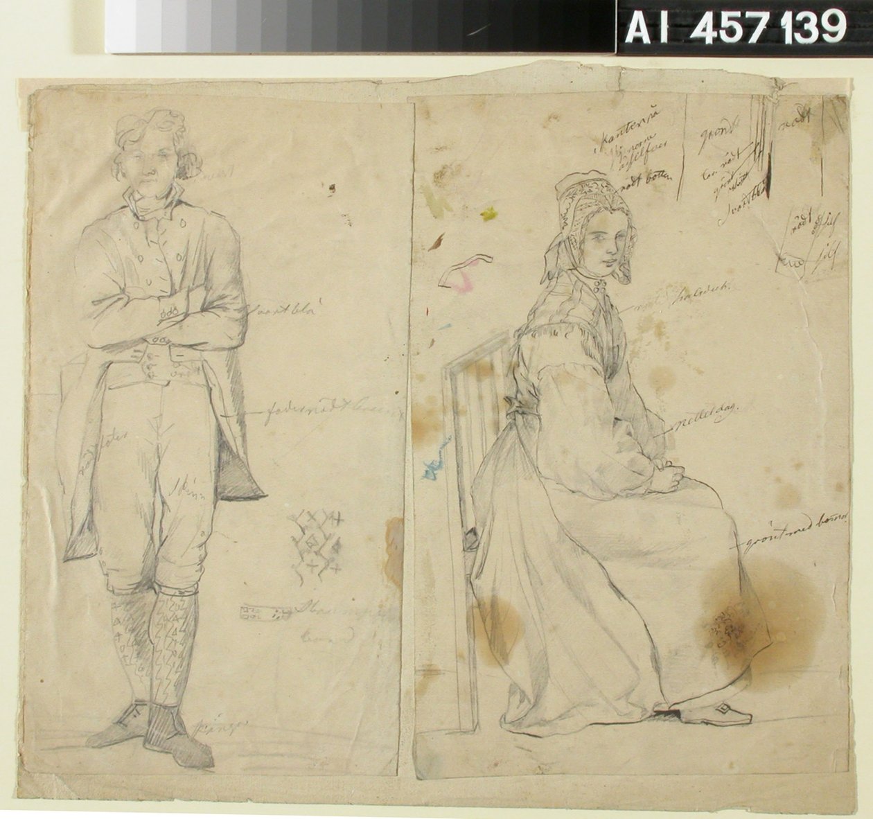Uomo con le mani in alto e donna in costume nazionale da Robert Wilhelm Ekman