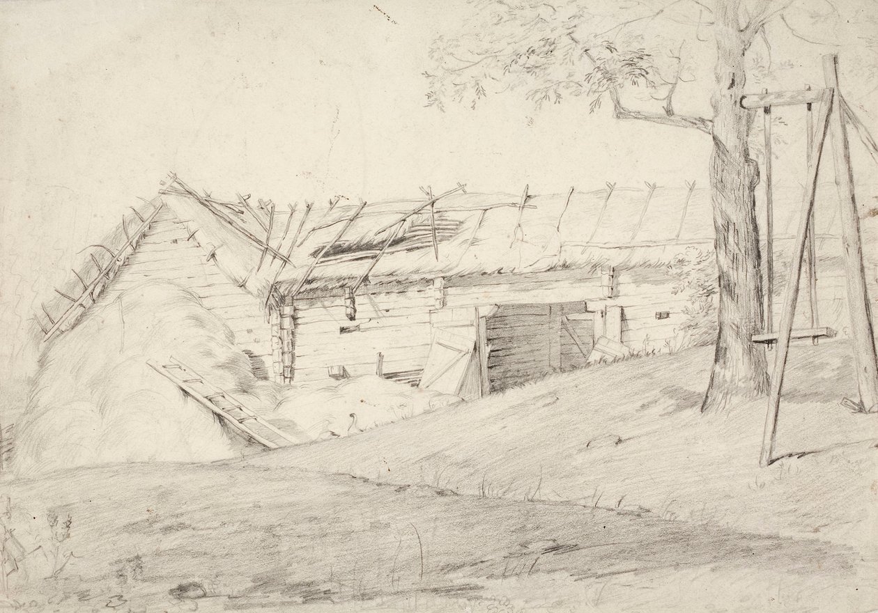 Un mucchio di paglia e un albero a foglia caduca con un paletto da Robert Wilhelm Ekman