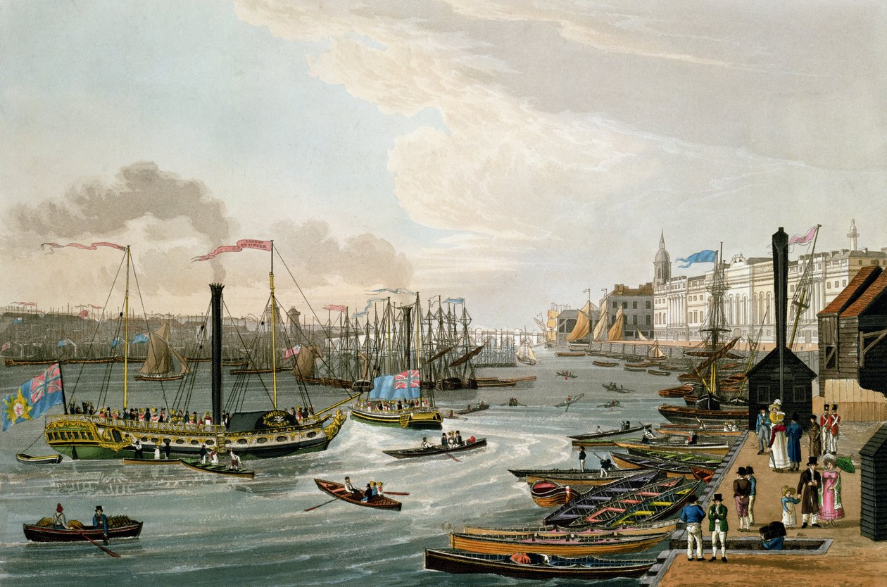Veduta del London Bridge e della Dogana, con gli yacht a vapore di Margate, pub. 1820 da Colnaghi und Co. da Robert the Elder and Younger Havell