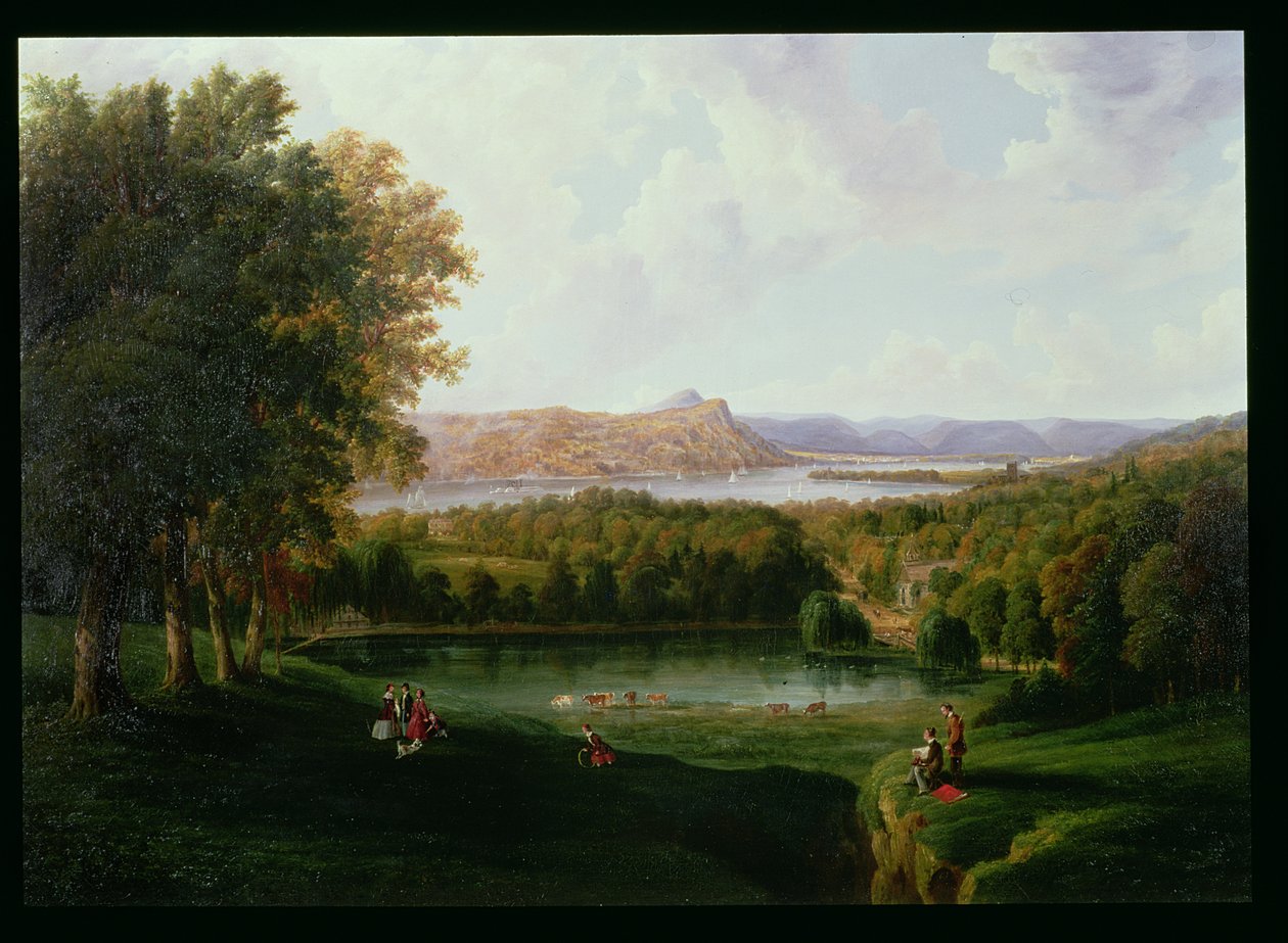 Vista da Tarrytown del fiume Hudson, Chiesa Vecchia Olandese e Beckham Manor, 1866 da Robert the Younger Havell