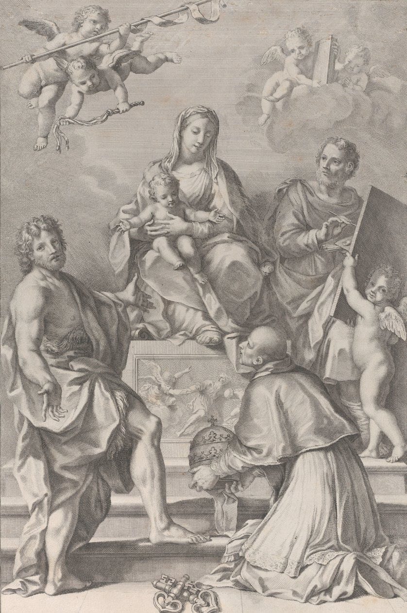 Madonna e Bambino al centro con San Giovanni Battista, San Luca, Papa Pietro Celestino, 1694 da Robert van Audenaerde