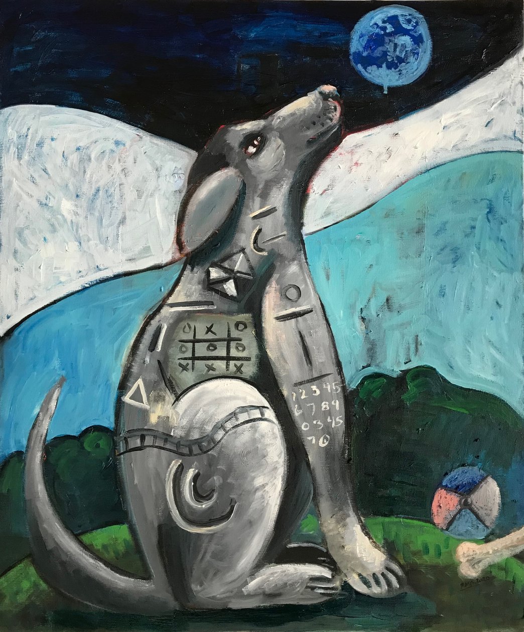 Il cane e la luna blu, 2020 circa (olio su tela) da Roberto Munguia