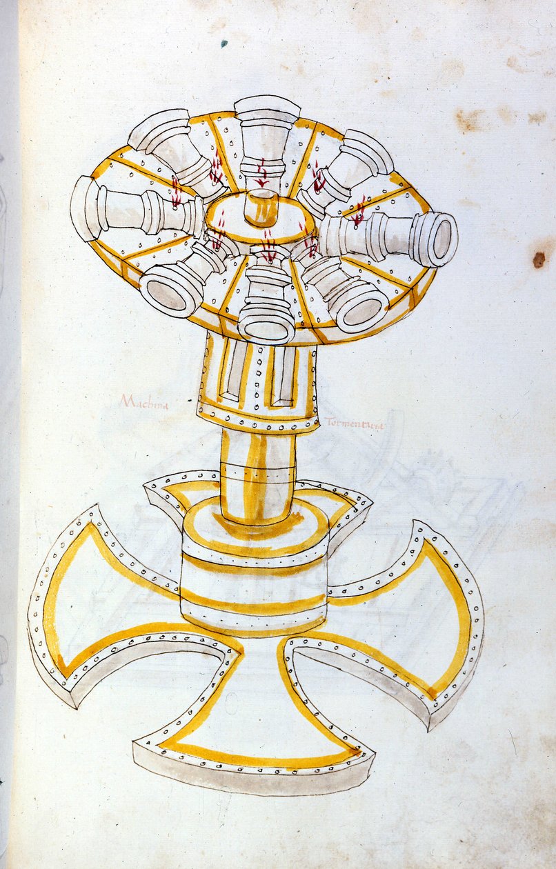 Arte della guerra: studio sulle macchine militari. cannone rotante, illustrazione tratta da 