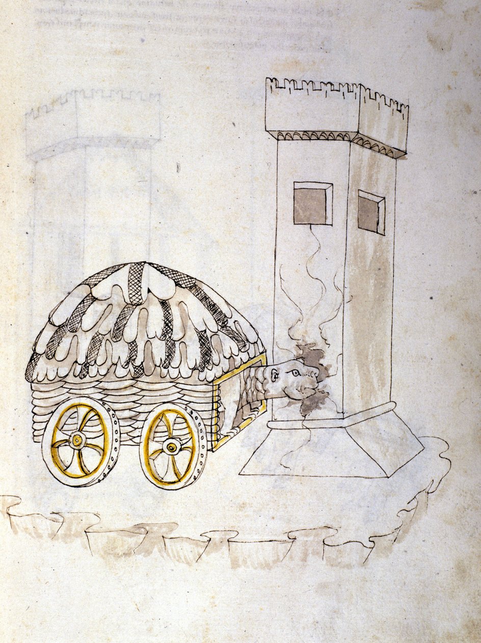 Arte della guerra: studio sulle macchine militari. una macchina equipaggiata con una corazza che assalta una torre, illustrazione tratta da 