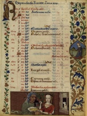 Ms lat 1173 f.5 Settembre; due figure con frutta, dalle Ore di Carlo d