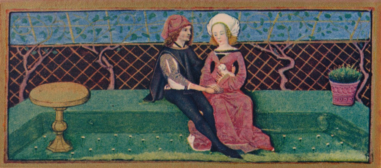 Aprile - amanti in un giardino, XV secolo, 1939 da Robinet Testard