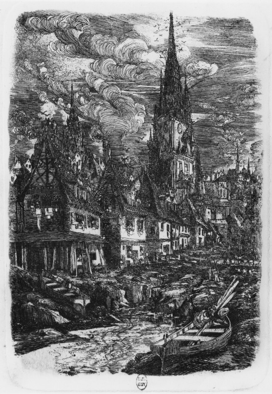 Porto di pesca con campanile appuntito, 1860 da Rodolphe Bresdin