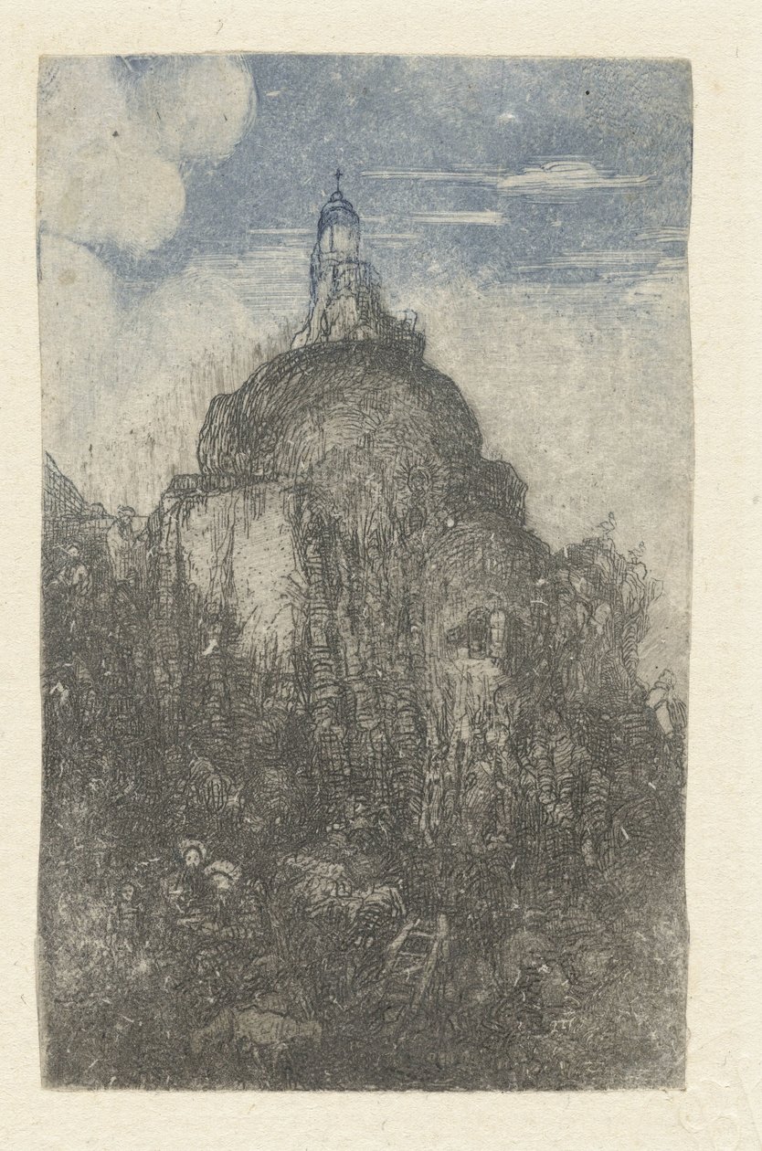 Edificio su una roccia e pastori riposanti con pecore ai piedi della roccia da Rodolphe Bresdin