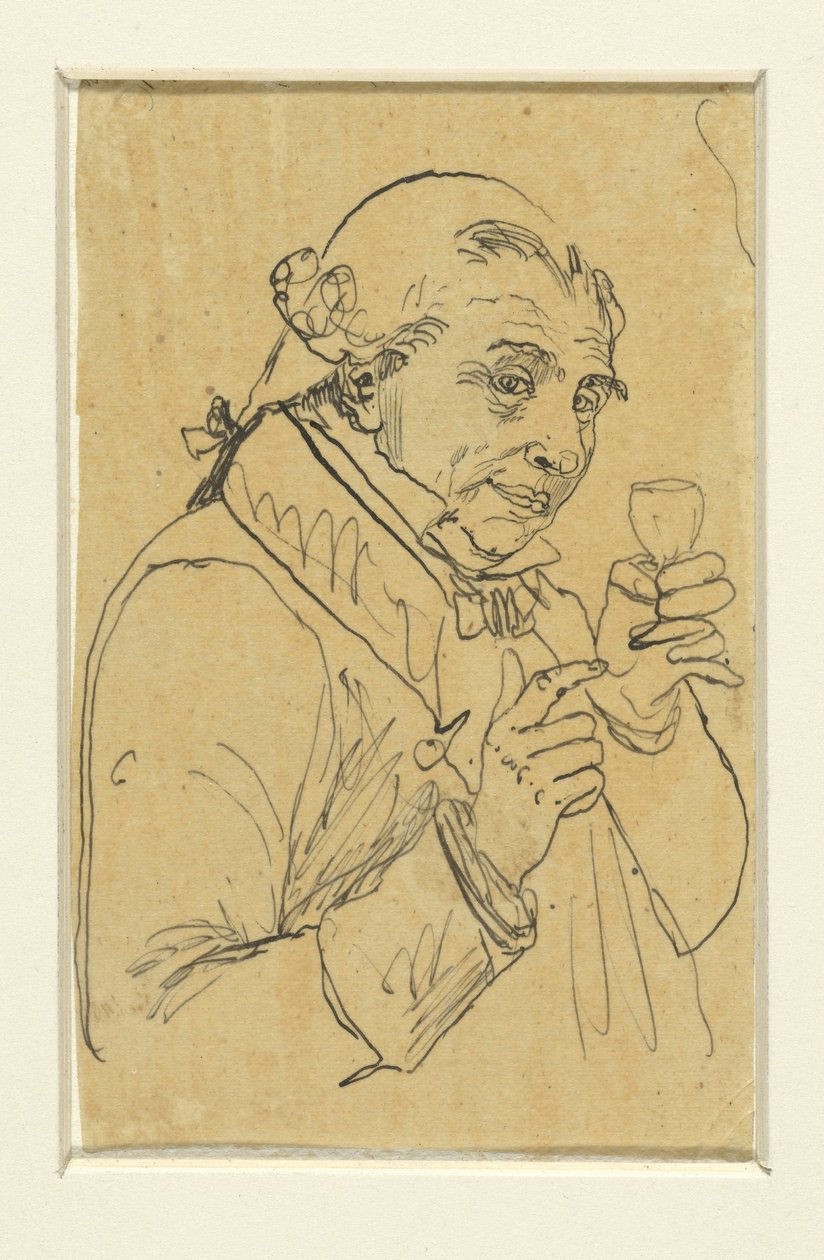 Alter Herr im 18. Jahrhundert Kostüm, in der linken Hand ein Glas Wein erhebend da Rodolphe Bresdin