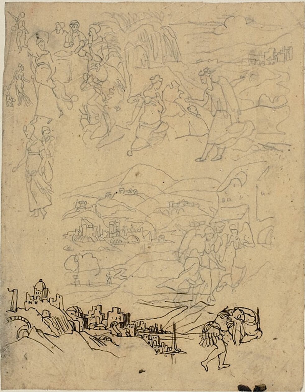 Schizzi di scene bibliche, città sul lago, villaggio di montagna, guerriero da Rodolphe Bresdin