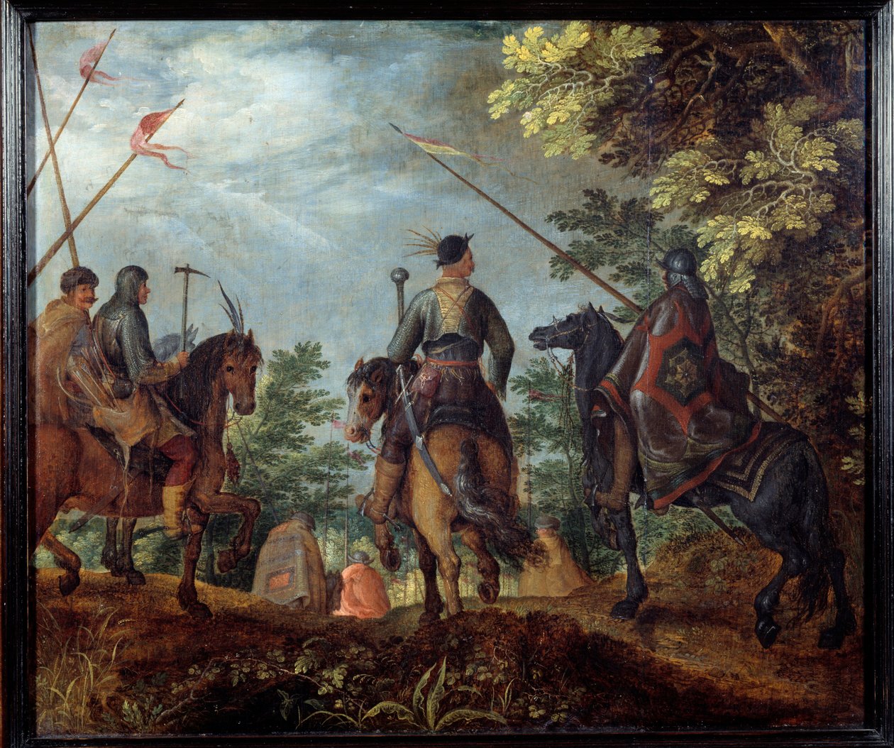 Cavalieri polacchi camminano in un bosco. Dipinto di Roelant Savery da Roelandt Jacobsz. Savery