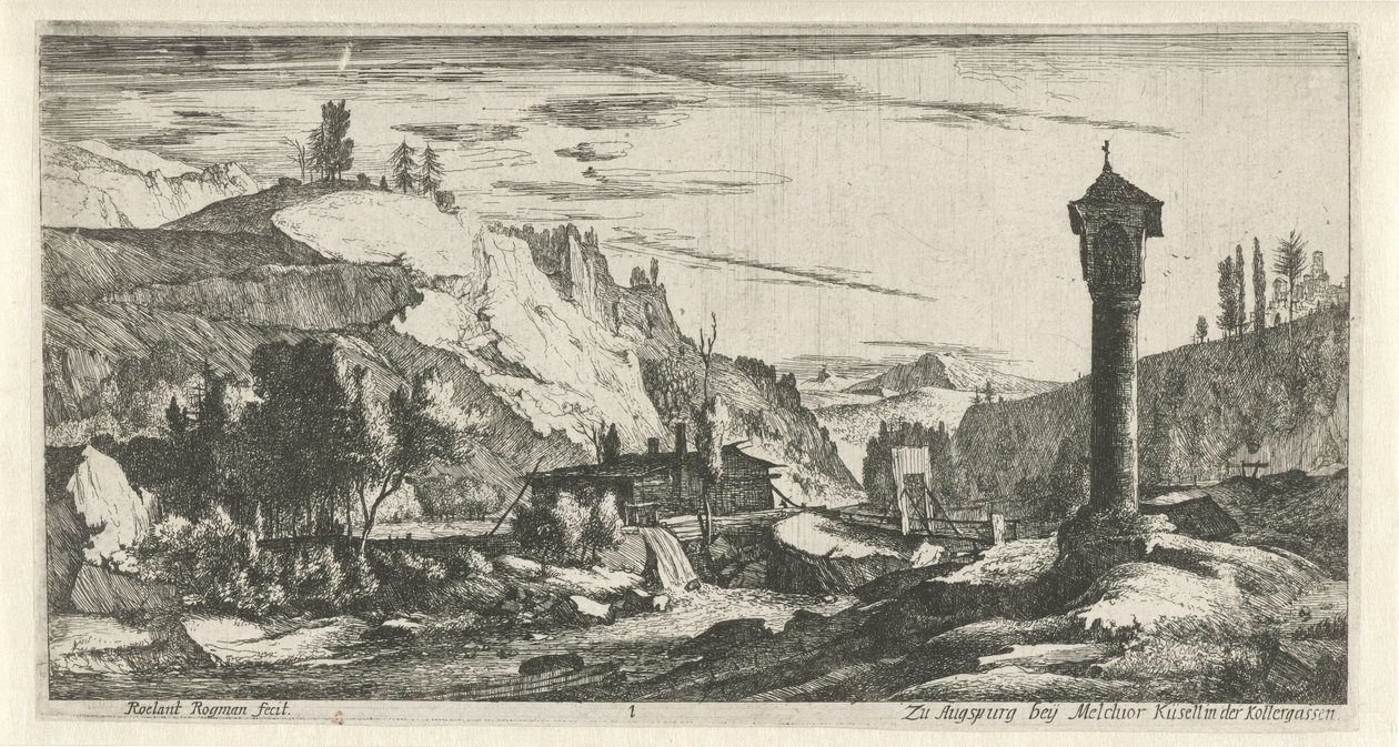 Paesaggio montuoso con colonna da Roelant Roghman