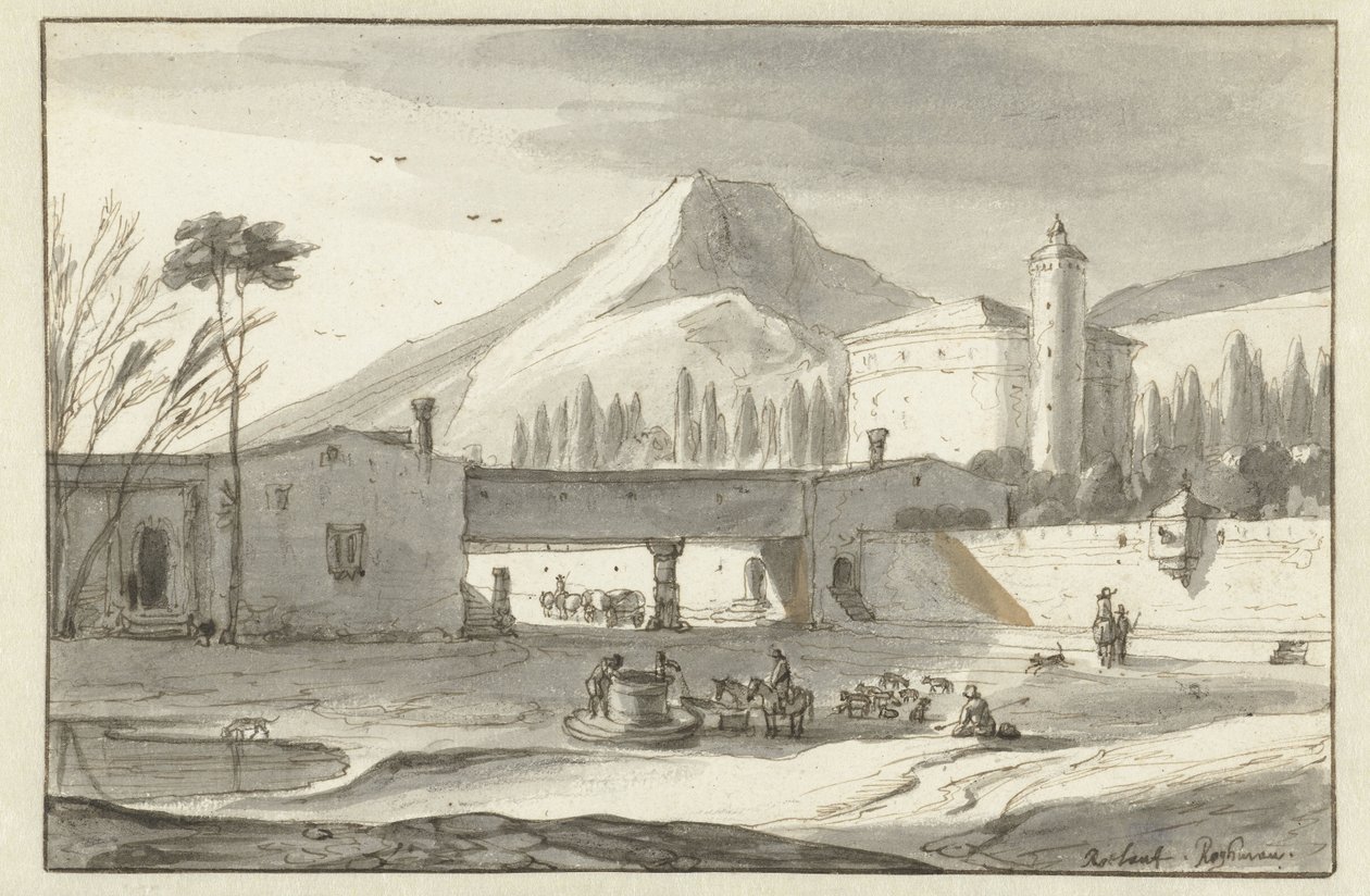 Paesaggio montuoso italianeggiante con una chiesa a rotonda da Roelant Roghman