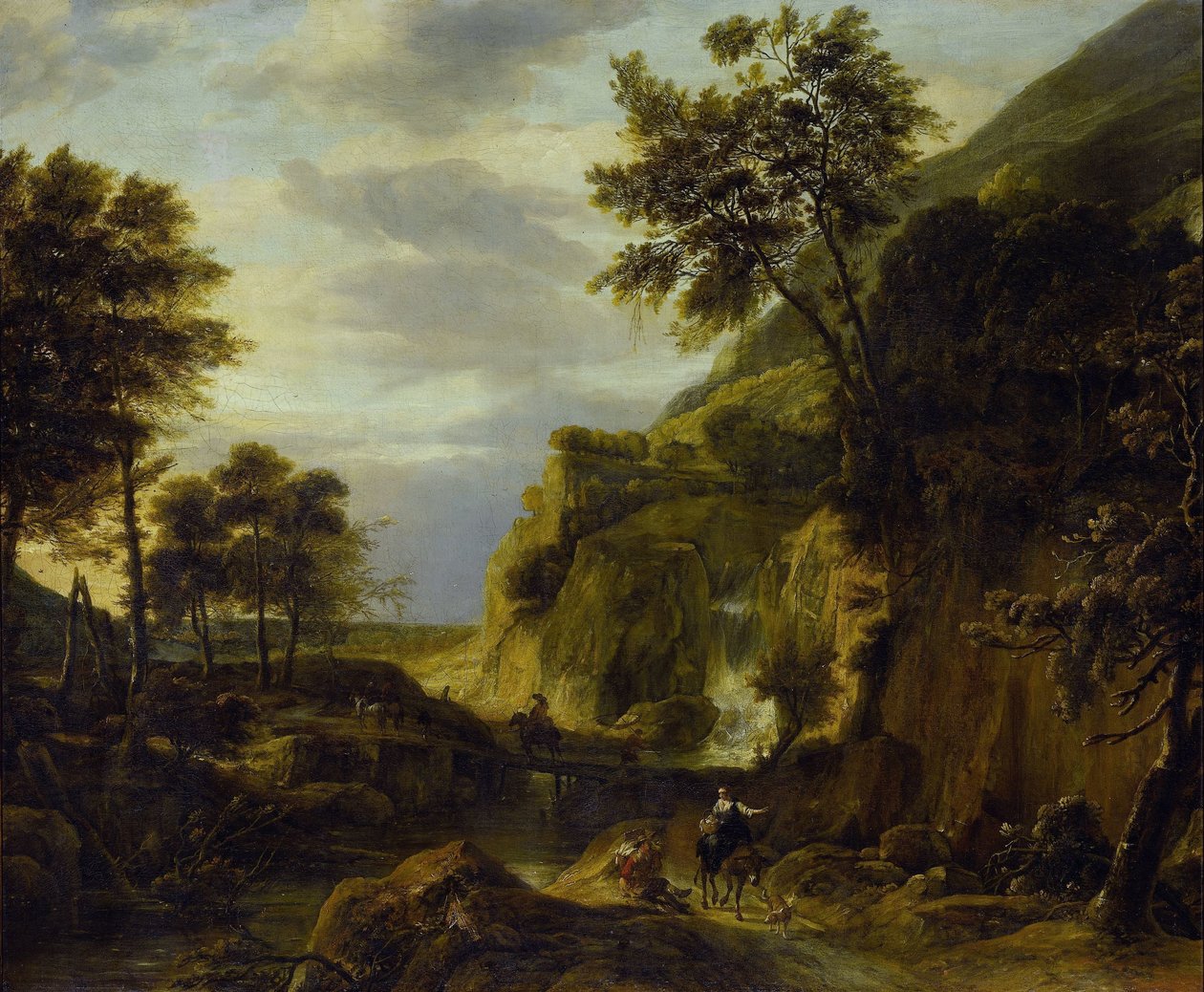 Paesaggio montuoso con cascata da Roelant Roghman