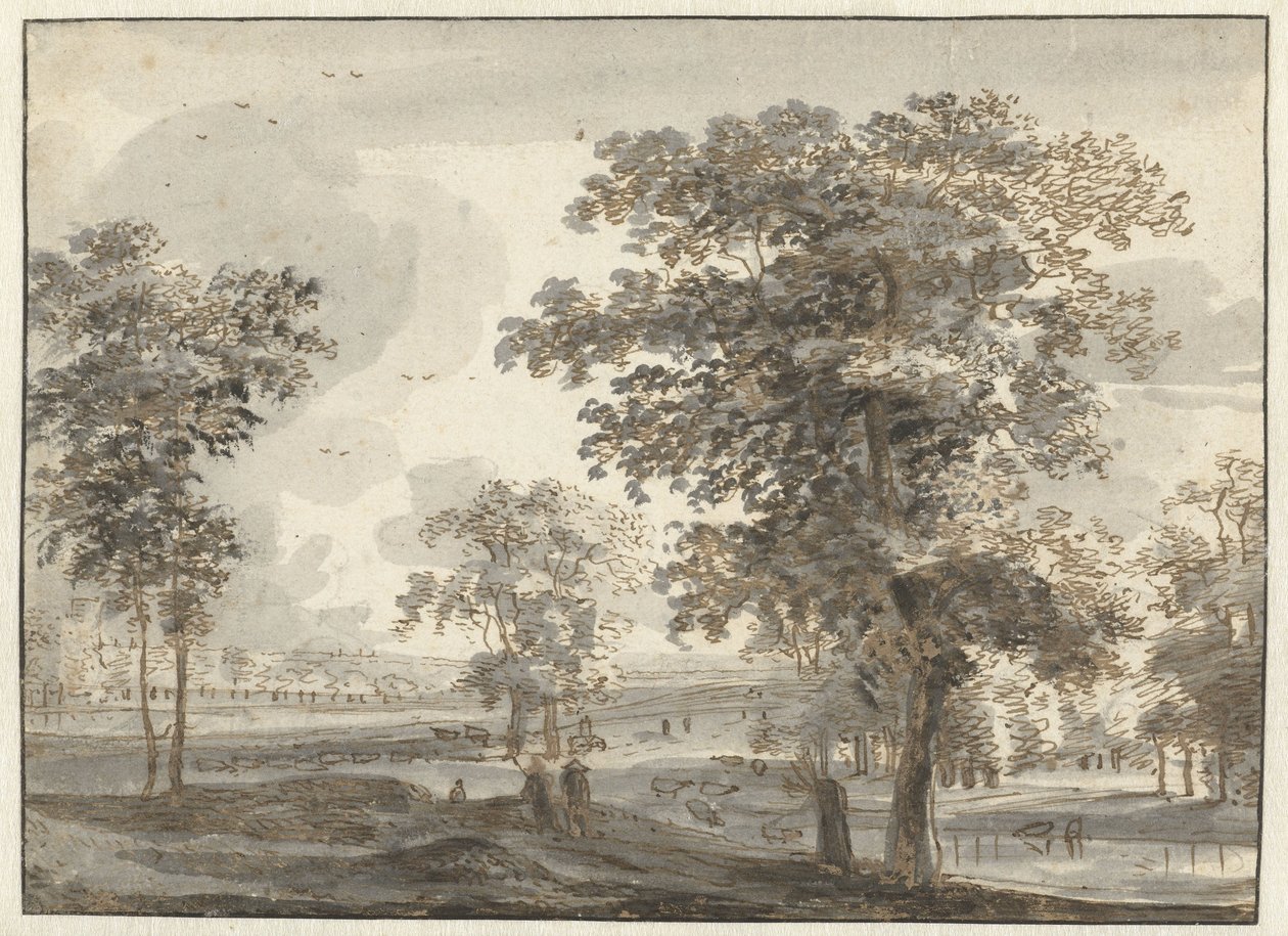 Paesaggio boscoso con pastori vicino a un fiume da Roelant Roghman
