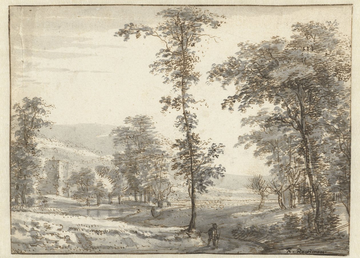 Paesaggio boscoso con viaggiatore su un sentiero da Roelant Roghman