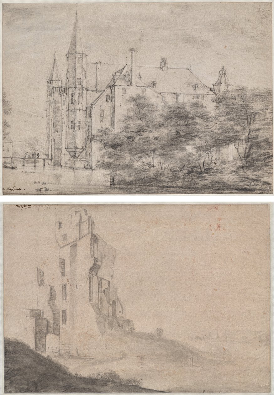 Castello di Zuylen vicino a Utrecht (recto)/Rovina della casa Ter Kleef vicino a Haarlem (verso) da Roelant Roghman