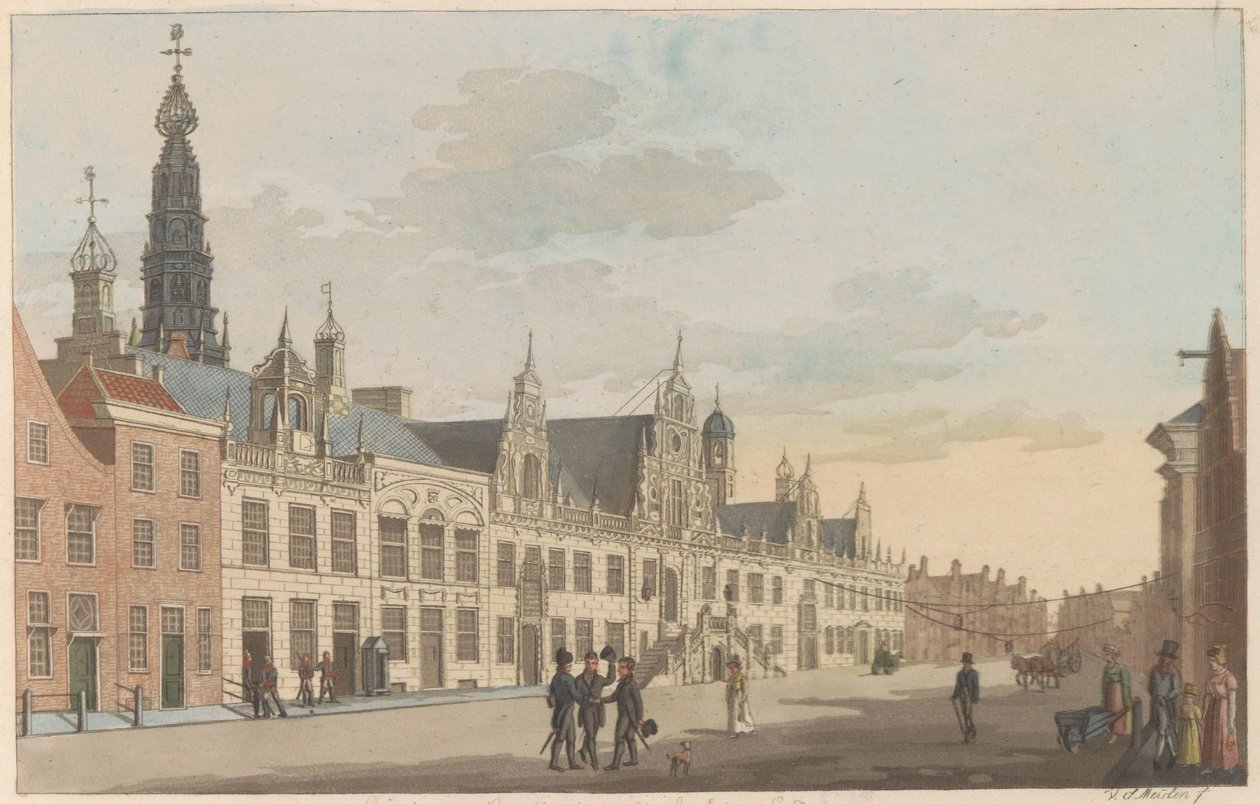 Vista sulla Breestraat e il Municipio di Leiden, ca. 1825 da Roelof van der Meulen