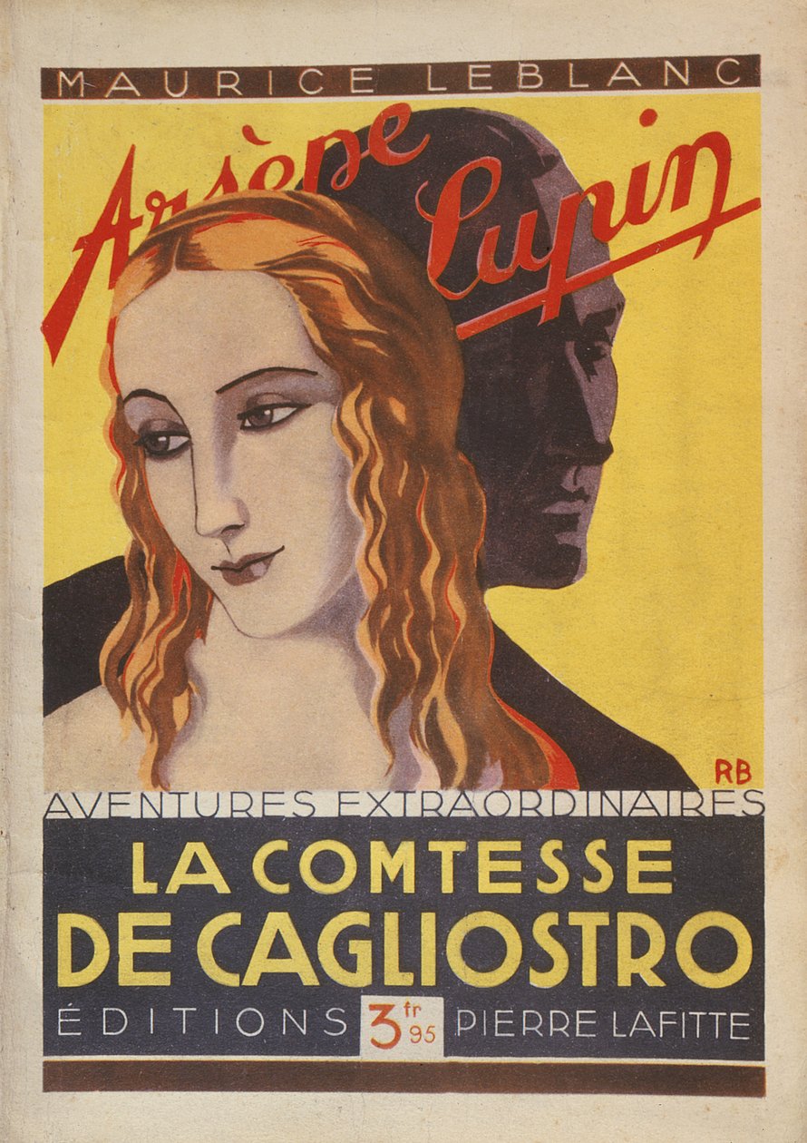 Prima di copertina de "La contessa di Cagliostro", avventura di Arsene Lupin, di Maurice Leblanc (1864-1941) 1929 (litografia a colori) da Roger Broders