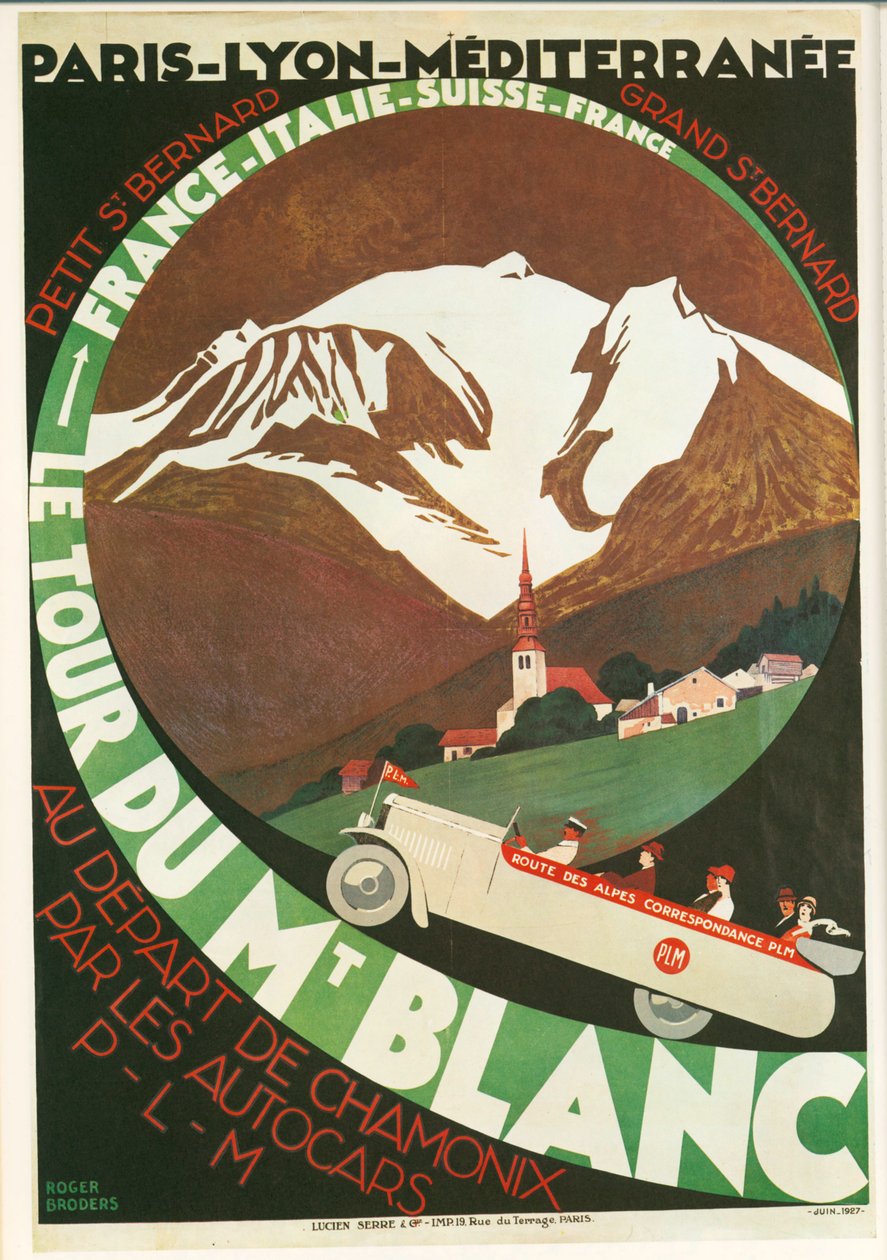Roger Broders: Il Giro del Monte Bianco alla partenza da Chamonix per le autovetture ... (litografia) da Roger Broders