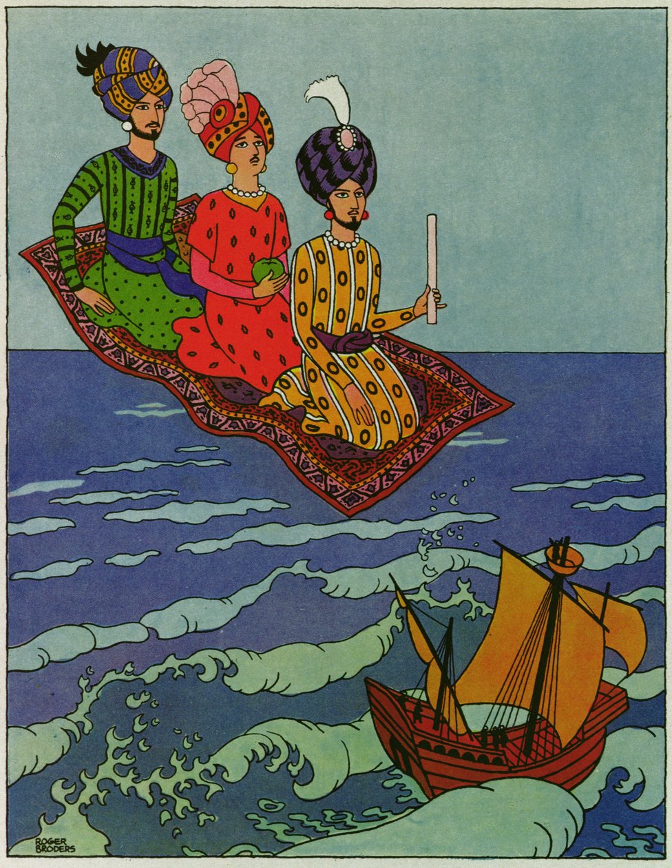 Sono stati trasportati rapidamente, illustrazione per "Il principe Ahmed e la fata Pari Banou", da "Le mille e una notte". da Roger Broders