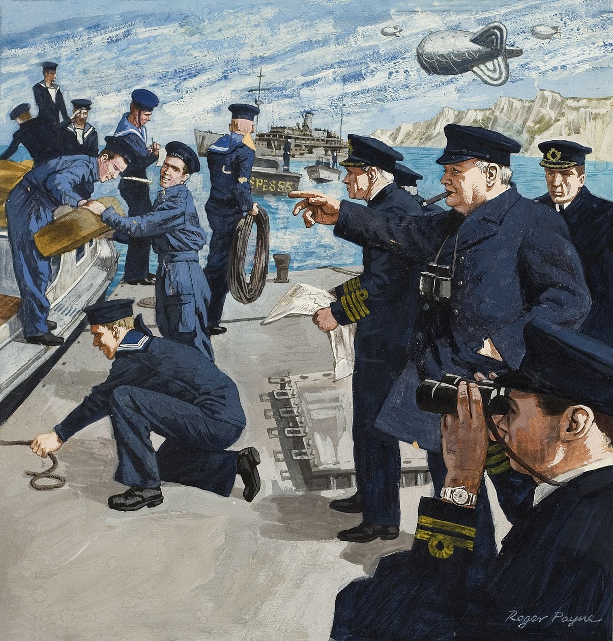 Winston Churchill (1874-1965) in scena navale (guazzo su carta) da Roger Payne